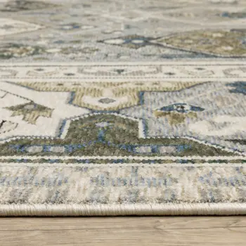 5' X 8' Ivory And Blue Oriental Area Rug With Fringe