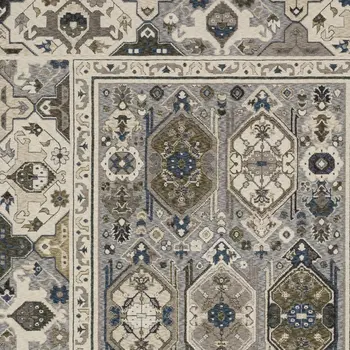 7' X 10' Ivory And Blue Oriental Area Rug With Fringe