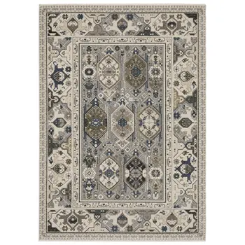 8' X 11' Ivory And Blue Oriental Area Rug With Fringe