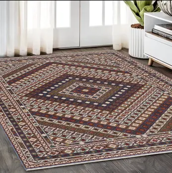5' X 8' Ivory Red And Tan Diamond Area Rug With Fringe