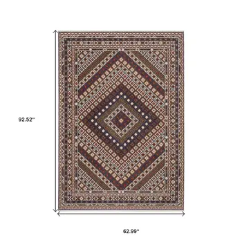 5' X 8' Ivory Red And Tan Diamond Area Rug With Fringe
