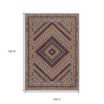 10' X 13' Ivory Red And Tan Diamond Area Rug With Fringe