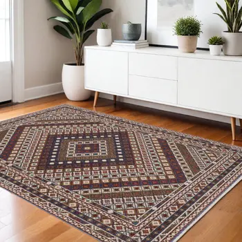 4' X 6' Ivory Red And Tan Diamond Area Rug With Fringe