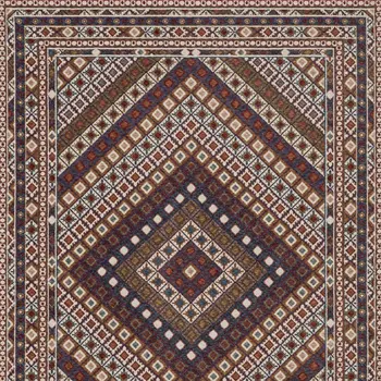7' X 10' Ivory Red And Tan Diamond Area Rug With Fringe
