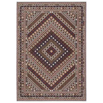 7' X 10' Ivory Red And Tan Diamond Area Rug With Fringe