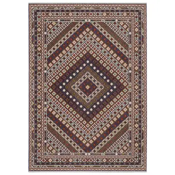 7' X 10' Ivory Red And Tan Diamond Area Rug With Fringe
