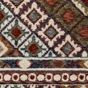 7' X 10' Ivory Red And Tan Diamond Area Rug With Fringe