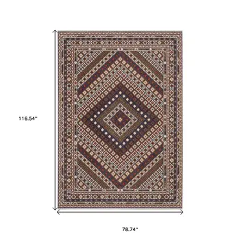 7' X 10' Ivory Red And Tan Diamond Area Rug With Fringe