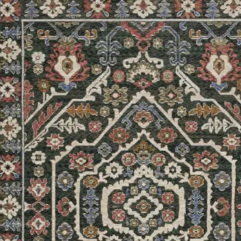7' X 10' Green And Pink Floral Area Rug With Fringe