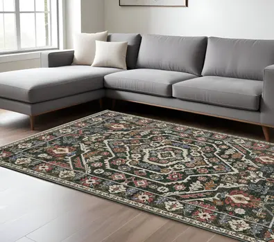 8' X 11' Green And Pink Floral Area Rug With Fringe