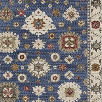 10' X 13' Blue And Ivory Floral Area Rug With Fringe