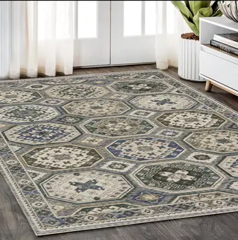 5' X 8' Ivory And Blue Medallion Area Rug With Fringe