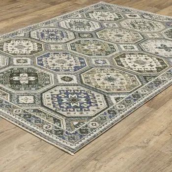 7' X 10' Ivory And Blue Medallion Area Rug With Fringe