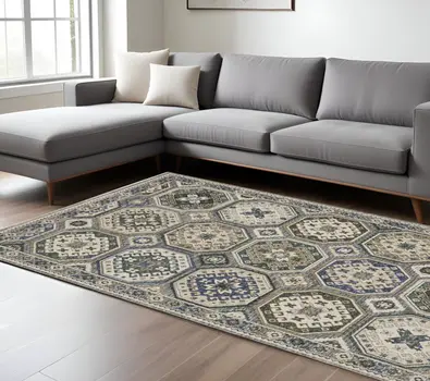 8' X 11' Ivory And Blue Medallion Area Rug With Fringe