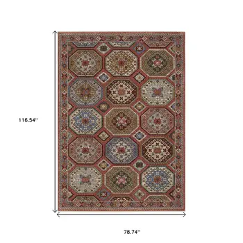 7' X 10' Pink And Red Medallion Area Rug With Fringe