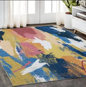 5' X 7' Blue And Gold Abstract Distressed Area Rug
