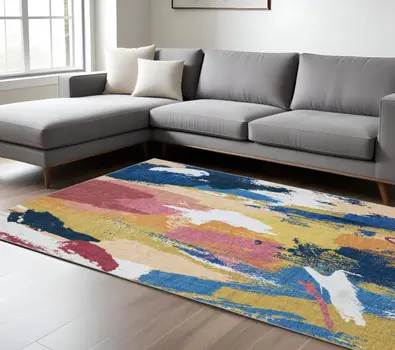 8' X 10' Blue And Gold Abstract Distressed Area Rug