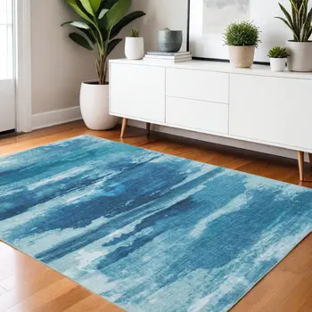 4' X 6' Sky Blue And Ivory Abstract Distressed Area Rug
