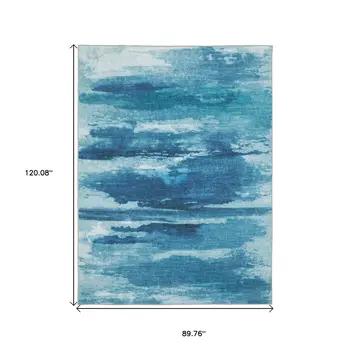 8' X 10' Sky Blue And Ivory Abstract Distressed Area Rug