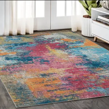 5' X 7' Blue Yellow And Red Abstract Distressed Area Rug
