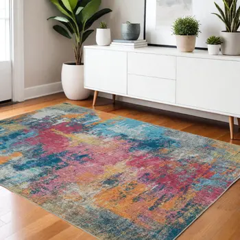 4' X 6' Blue Yellow And Red Abstract Distressed Area Rug
