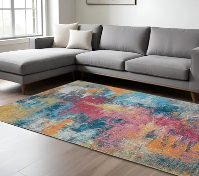 8' X 10' Blue Yellow And Red Abstract Distressed Area Rug