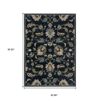 5' X 8' Dark Blue Tan And Green Oriental Area Rug With Fringe