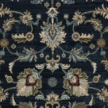 7' X 10' Dark Blue Tan And Green Oriental Area Rug With Fringe