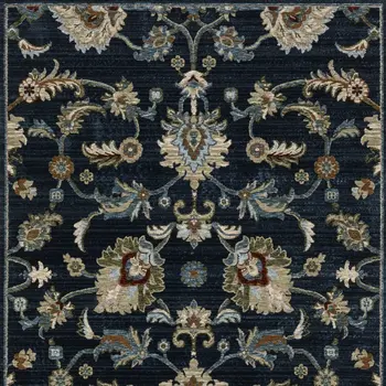 8' X 11' Dark Blue Tan And Green Oriental Area Rug With Fringe
