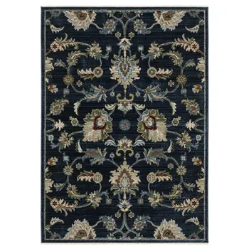 8' X 11' Dark Blue Tan And Green Oriental Area Rug With Fringe