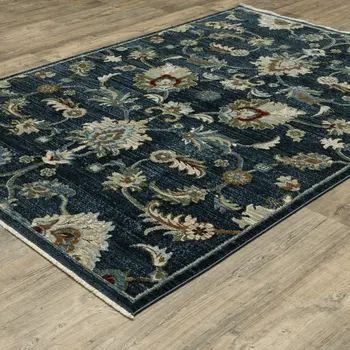 8' X 11' Dark Blue Tan And Green Oriental Area Rug With Fringe