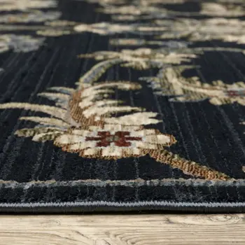 8' X 11' Dark Blue Tan And Green Oriental Area Rug With Fringe