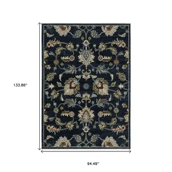 8' X 11' Dark Blue Tan And Green Oriental Area Rug With Fringe