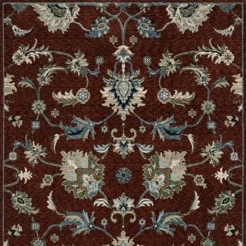 7' X 10' Red Ivory And Teal Oriental Area Rug With Fringe