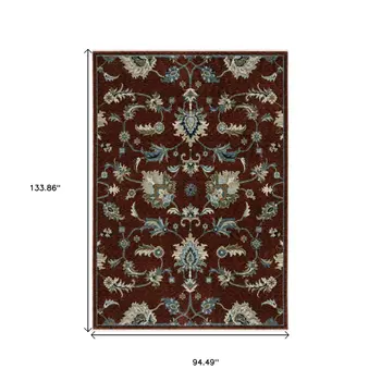 8' X 11' Red Ivory And Teal Oriental Area Rug With Fringe
