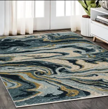 5' X 8' Navy Blue And Teal Abstract Area Rug With Fringe