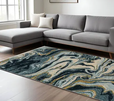 8' X 11' Navy Blue And Teal Abstract Area Rug With Fringe