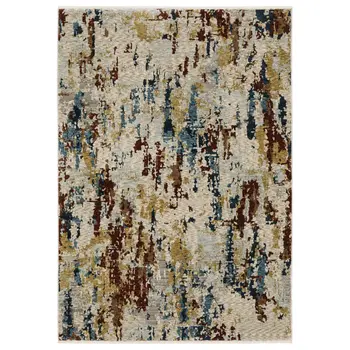 8' X 11' Beige Rust And Light Blue Abstract Distressed Area Rug With Fringe