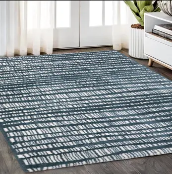 5' X 8' Teal And Ivory Striped Distressed Area Rug