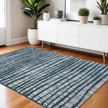 4' X 6' Teal And Ivory Striped Distressed Area Rug