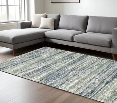 10' X 13' Blue And Green Striped Distressed Area Rug