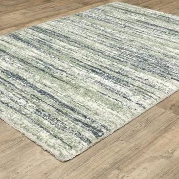 10' X 13' Blue And Green Striped Distressed Area Rug