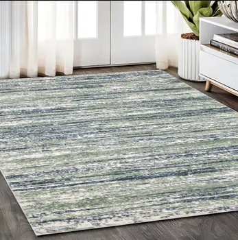5' X 8' Blue And Green Striped Distressed Area Rug
