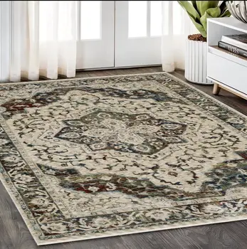 5' X 8' Ivory Brown And Red Medallion Area Rug With Fringe