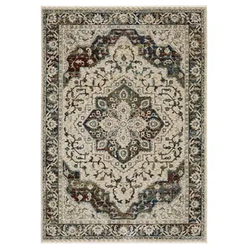8' X 11' Ivory Brown And Red Medallion Area Rug With Fringe