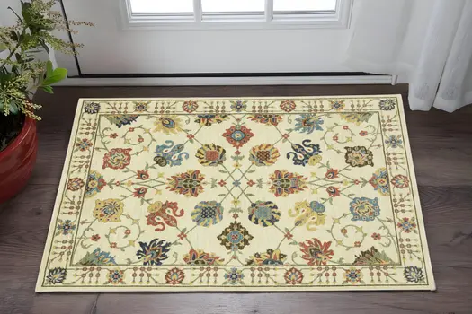 2' X 3' Ivory Blue And Yellow Oriental Area Rug With Fringe