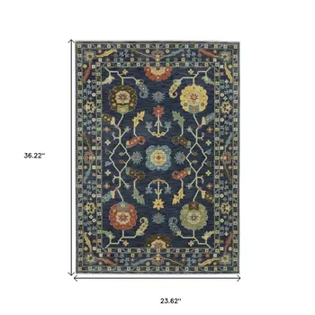 2' X 3' Blue And Gold Oriental Area Rug With Fringe