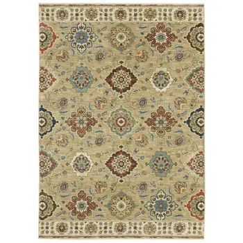 2' X 3' Tan Light Blue And Orange Floral Area Rug With Fringe