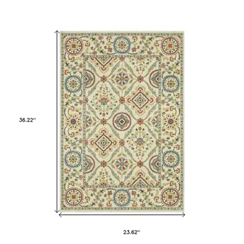 2' X 3' Ivory Orange And Blue Oriental Area Rug With Fringe