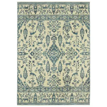 2' X 3' Ivory And Blue Oriental Area Rug With Fringe